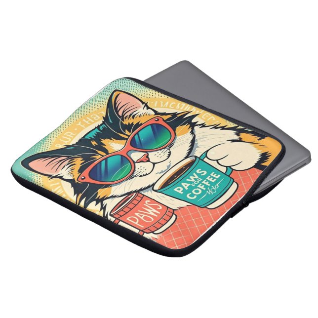Cat wearing oversized sunglasses, holding a coffee laptop sleeve (Front Top)