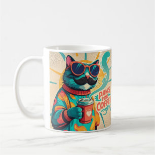 Cat wearing oversized sunglasses, holding a coffee mug