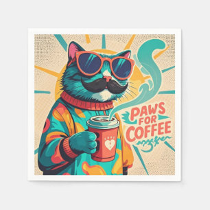 Cat wearing oversized sunglasses, holding a coffee napkin