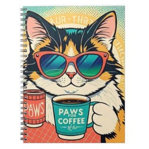 Cat wearing oversized sunglasses, holding a coffee notebook