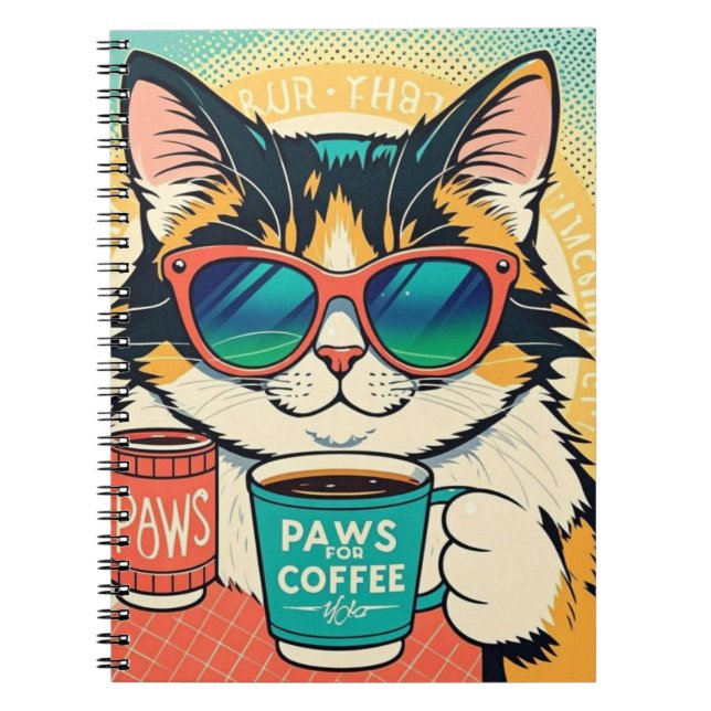 Cat wearing oversized sunglasses, holding a coffee notebook (Front)
