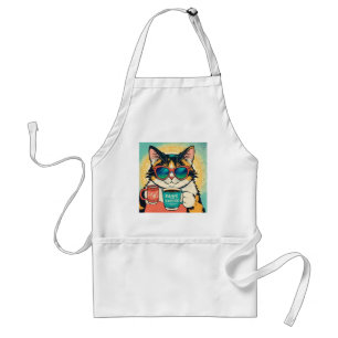 Cat wearing oversized sunglasses, holding a coffee standard apron