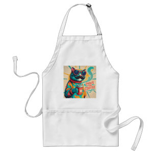 Cat wearing oversized sunglasses, holding a coffee standard apron