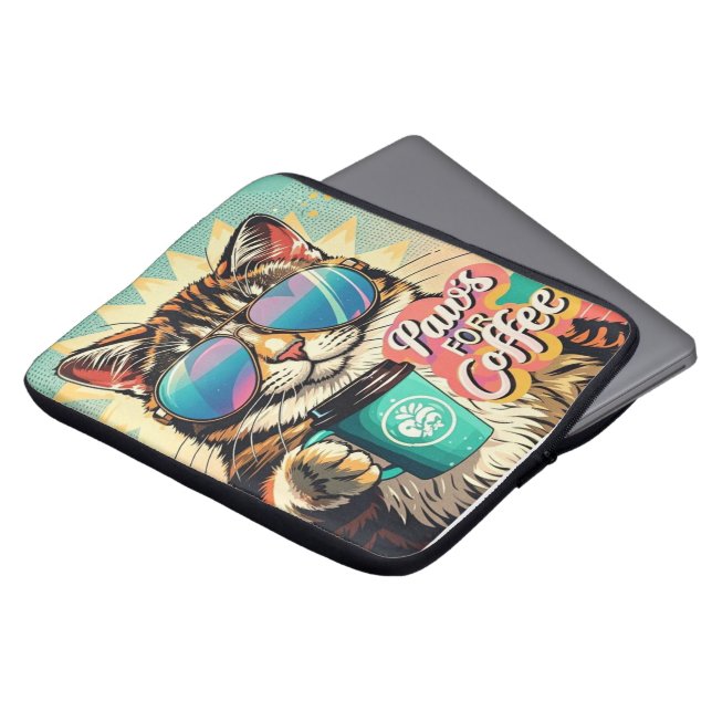Cat wearing oversized sunglasses with coffee laptop sleeve (Front Top)
