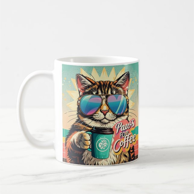 Cat wearing oversized sunglasses with coffee mug (Left)