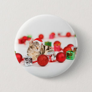 Cat wearing red Santa hat Christmas Ornament 6 Cm Round Badge