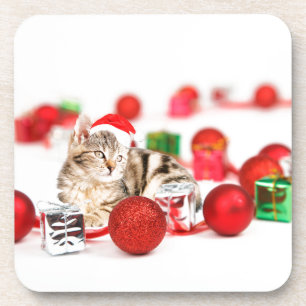 Cat wearing red Santa hat Christmas Ornament Coaster