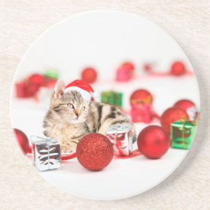 Cat wearing red Santa hat Christmas Ornament Coaster