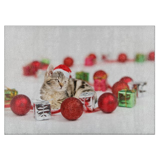 Cat wearing red Santa hat Christmas Ornament Cutting Board (Front)
