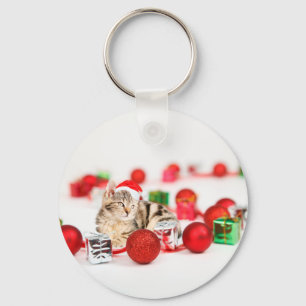 Cat wearing red Santa hat Christmas Ornament Key Ring