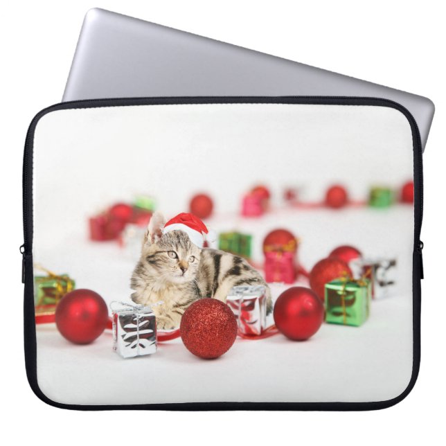 Cat wearing red Santa hat Christmas Ornament Laptop Sleeve (Front)