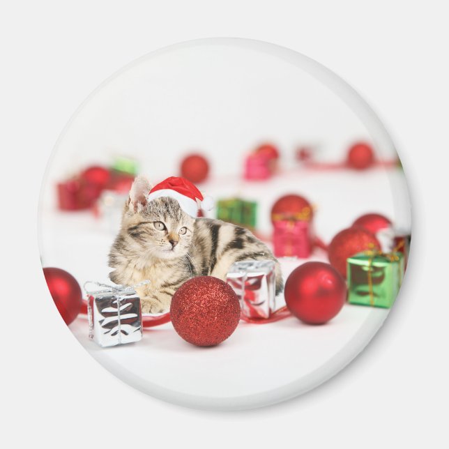 Cat wearing red Santa hat Christmas Ornament Magnet (Front)