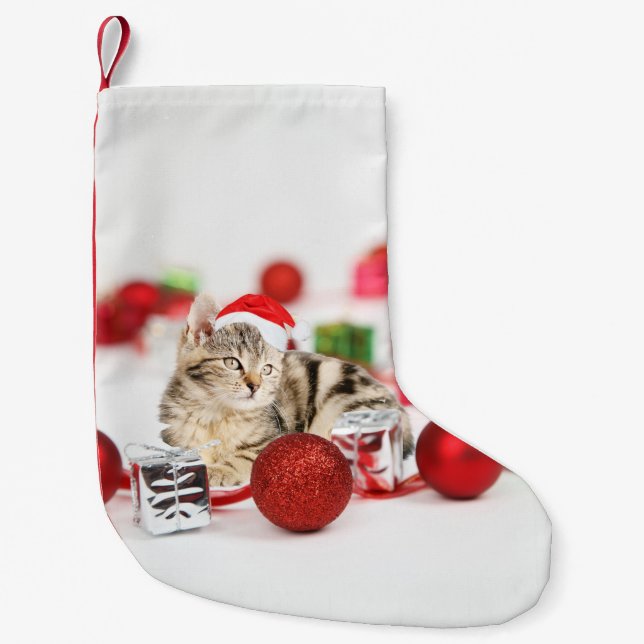Cat wearing red Santa hat Christmas Ornament Small Christmas Stocking (Front)