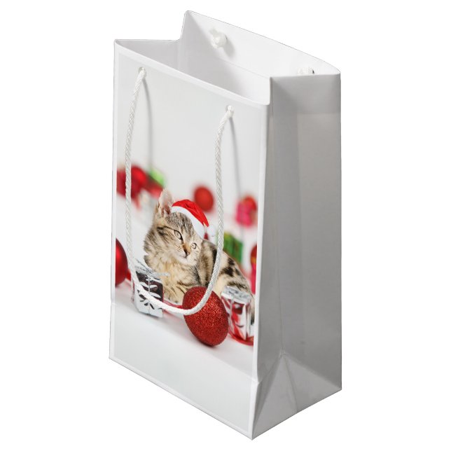 Cat wearing red Santa hat Christmas Ornament Small Gift Bag (Front Angled)