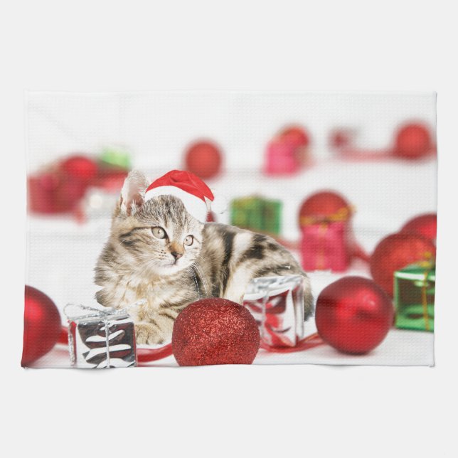 Cat wearing red Santa hat Christmas Ornament Tea Towel (Horizontal)