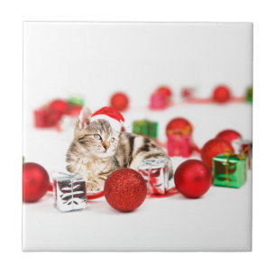 Cat wearing red Santa hat Christmas Ornament Tile
