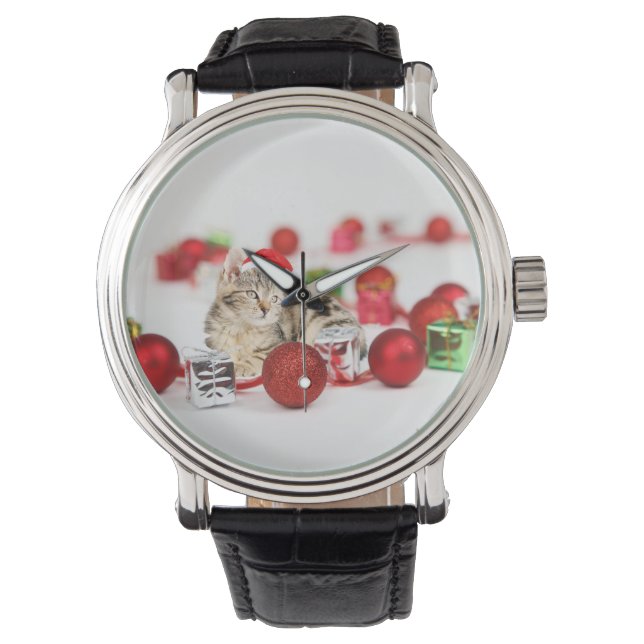 Cat wearing red Santa hat Christmas Ornament Watch (Front)