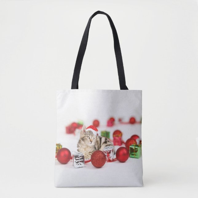 Cat wearing red Santa hat Christmas Tote Bag (Front)