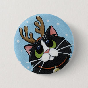 Cat Wearing Reindeer Antlers - Xmas Cat Art Button
