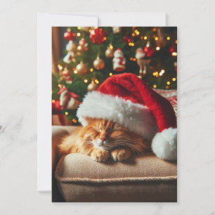 Cat wearing Santa Claus hat sleeping on chair Holiday Card