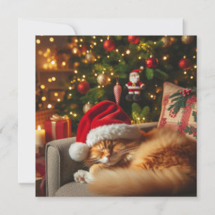 Cat wearing Santa Claus hat sleeping on chair Holiday Card
