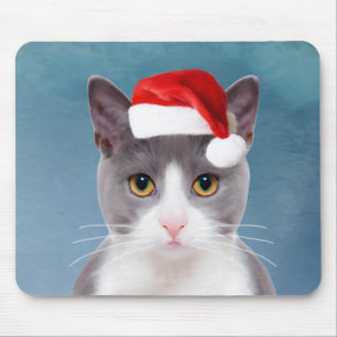 Cat wearing Santa Hat Christmas Portrait Mouse Mat