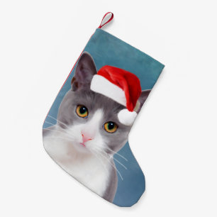 Cat wearing Santa Hat Christmas Portrait Small Christmas Stocking