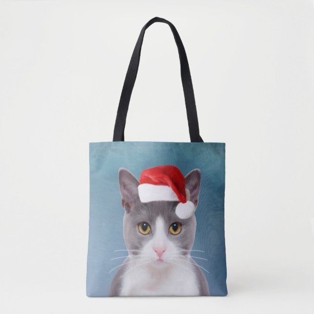 Cat wearing Santa Hat Christmas Portrait Tote Bag (Front)