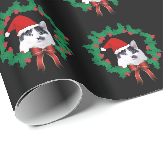 Cat Wearing Santa Hat Cute Christmas Pattern Wrapping Paper (Roll Corner)