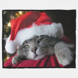 Cat Wearing Santa Hat Fleece Blanket