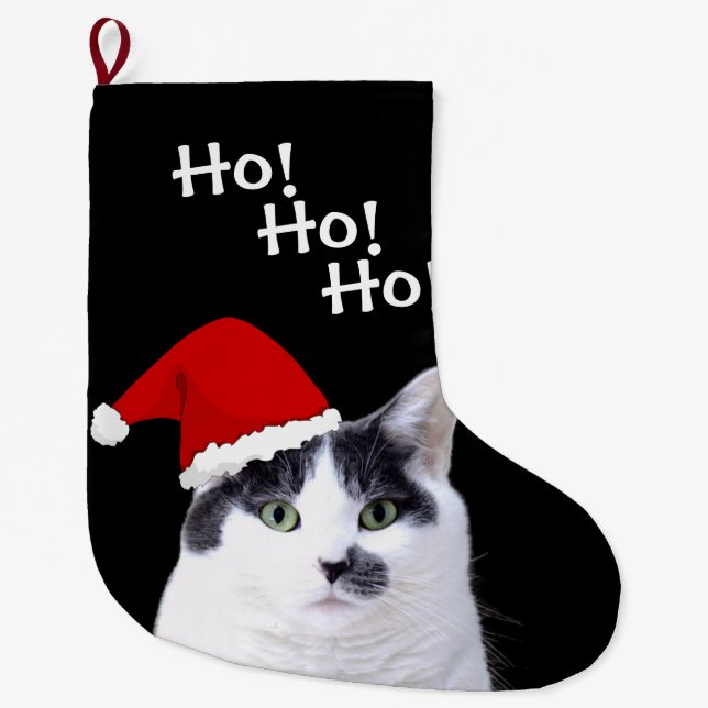 Cat Wearing Santa Hat Large Christmas Stocking (Front)