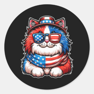 Cat Wearing Sungl USA Flag Patriotic Cute Cat 4th Classic Round Sticker