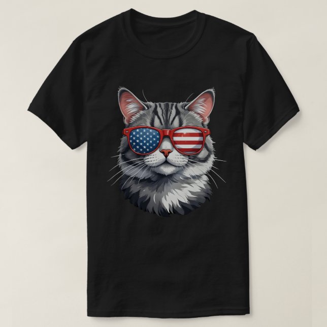 Cat Wearing Sunglasses American Flag 4th of July C T-Shirt (Design Front)