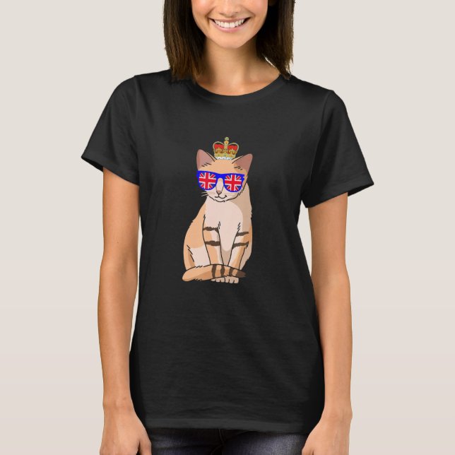 Cat Wearing Sunglasses And Crown England UK Flag T-Shirt (Front)