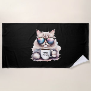 cat wearing sunglasses and holding a coffee mug beach towel