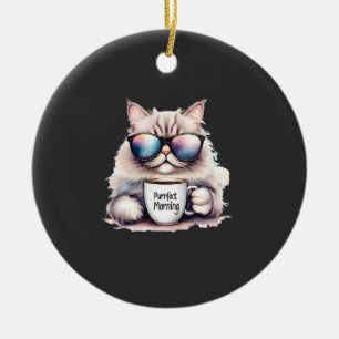 cat wearing sunglasses and holding a coffee mug ceramic tree decoration