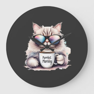 cat wearing sunglasses and holding a coffee mug large clock
