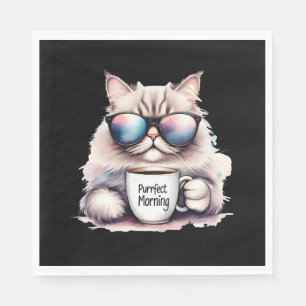 cat wearing sunglasses and holding a coffee mug napkin