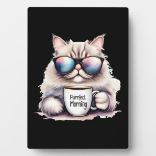cat wearing sunglasses and holding a coffee mug plaque