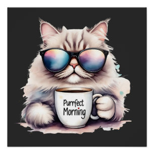 cat wearing sunglasses and holding a coffee mug poster