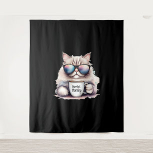 cat wearing sunglasses and holding a coffee mug tapestry
