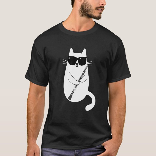 Cat Wearing Sunglasses Playing Clarinet Musician T-Shirt (Front)