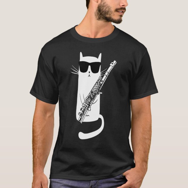 Cat Wearing Sunglasses Playing Flute Musician Kids T-Shirt (Front)