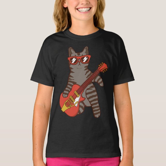 Cat Wearing Sunglasses Playing Guitar Girl T-Shirt (Front)