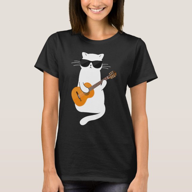 Cat wearing sunglasses playing Guitar Guitarist T-Shirt (Front)