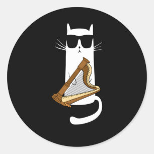 Cat Wearing Sunglasses Playing Harp Classic Round Sticker