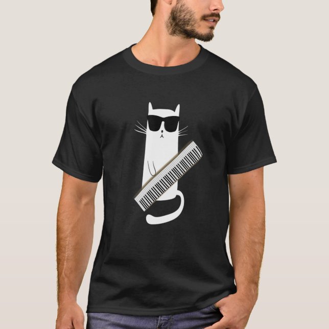 Cat Wearing Sunglasses Playing Keytar- Guitar Keyb T-Shirt (Front)