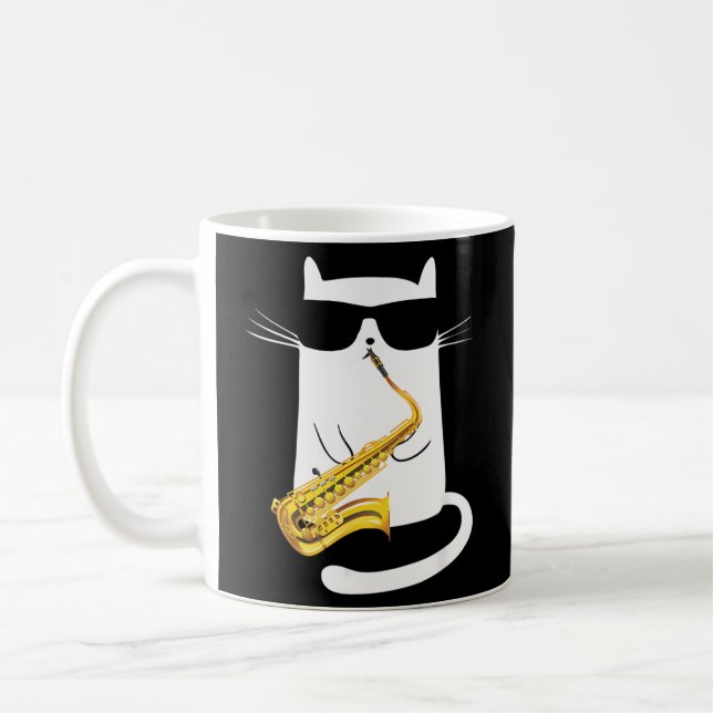 Cat Wearing Sunglasses Playing Saxophone Coffee Mug (Left)