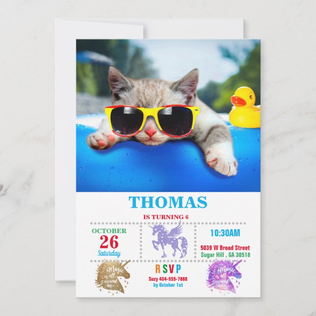 Cat wearing sunglasses relaxing on air mattress invitation (Front)