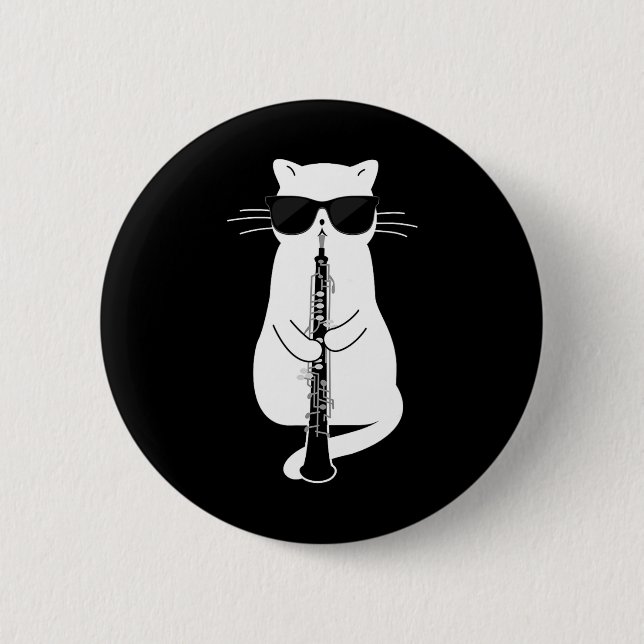 Cat Wearing Sungles Playing Oboe  6 Cm Round Badge (Front)